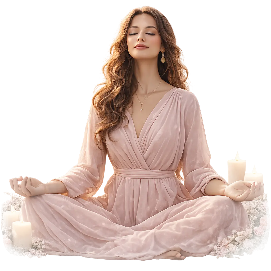 Woman meditating in a soft pink setting, representing divine feminine awakening
